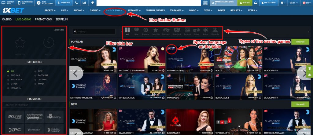 1xBet live casino games with video live dealers and chat